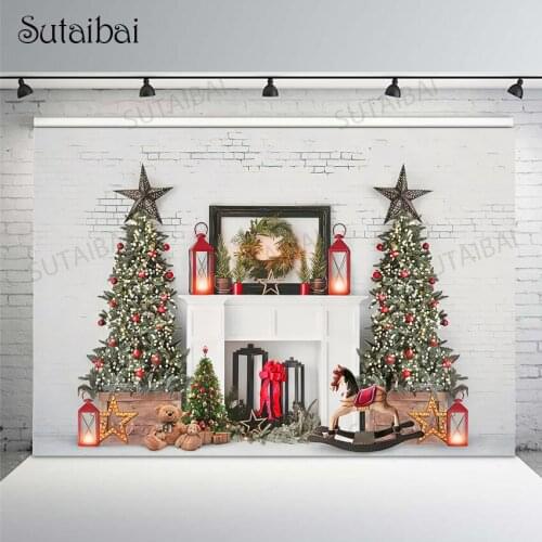 Christmas Tree White Fireplace Brick Wall Background Photography Vintage Lantern Toys Photocall Poster Backdrops Photo Studio