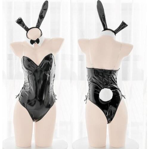 High Split Hollow Uniform Underwear Set KC Headband Lolita Sexy Maid Costume Patent Leather Bunny Girl Jumpsuits Lovely Bandage