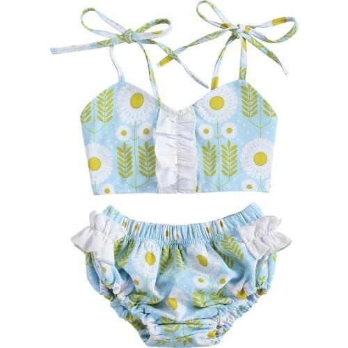 Girls Two-piece Swimming Clothes Set Light Blue Floral Printed Pattern Suspender Tops + Shorts Suits