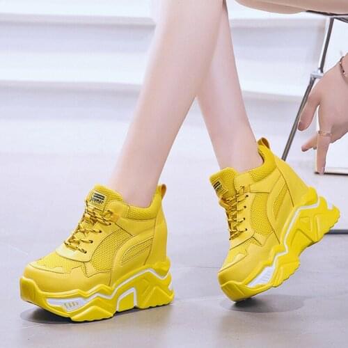 Hidden Heels Wedge Platform Sneakers Women Casual Lace Up Thick Bottom Walking Shoes Woman Non Slip Yellow Sneakers Mujer