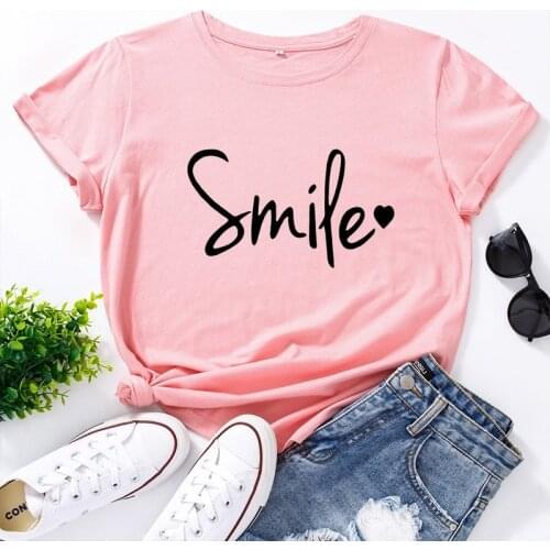 Summer Women T Shirt Short Sleeve Cotton 100% Fashion Plus Size Smile Letter Print Female Casual Graphic Tshirts Ladies Tee Tops