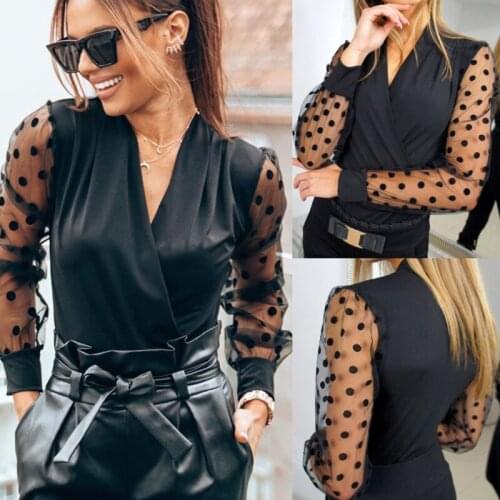 LIBERJOG Women T-Shirts Sexy Perspective Mesh Stitching Knitted V-neck Chic Elegant Long Sleeve Female Tops Spring Summer Black