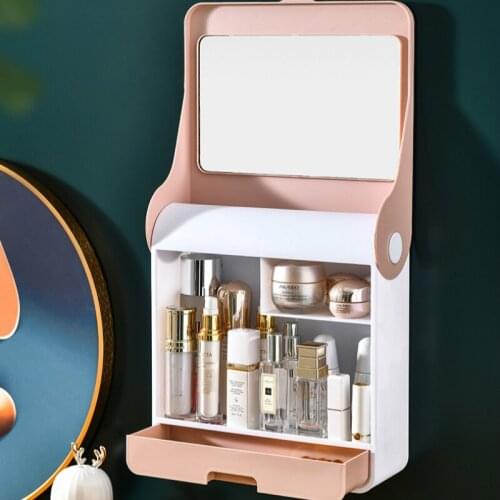 Bathroom Wall-mounted Cosmetic Storage Box, Large-capacity Storage Box with Mirror, Skin Care Product Dust-proof Storage Rack