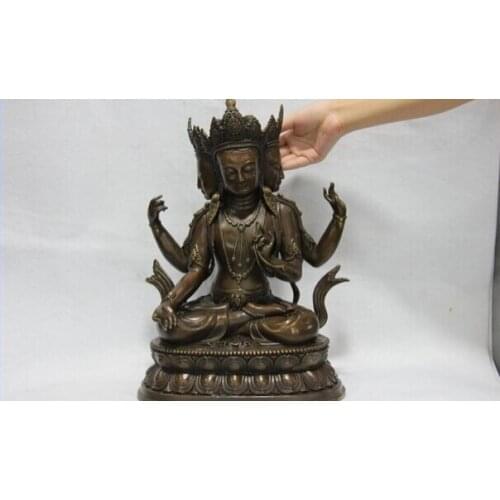Song voge gem S1616 16 Tibet Bronze Copper Three Face Head Kwan Yin Four-armed Avalokitesvara Buddha