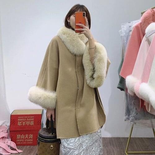 Plus Size Women Wool Blended Coat Natural Fox Fur Loose Winter Female Jacket Outwear Overized Femme