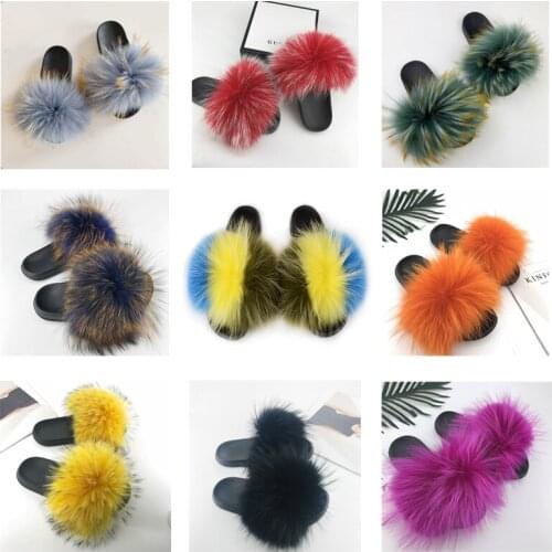 Ladies Fluffy Raccoon Fur Slippers Women Real Fox Fur Flip Flop Indoor Plush Slides Outdoor Flat Sandals Cute Home House Shoes
