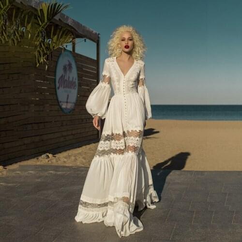 Hippie Beach Boho Long Puff Sleeve Wedding Dress V Neck Lace Tulle A Line Seaside 2021 Bridal Gowns Custom Made No Train