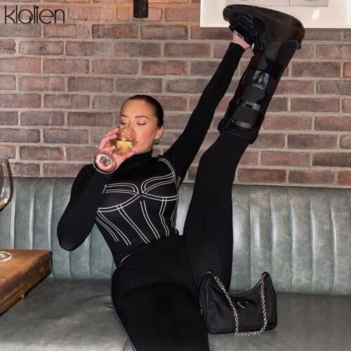 KLALIEN 2021 Spring Autumn Casual Long Sleeve Bodysuit Trousers 2 Piece Set Women Fashion Print Striped Street Female Tracksuit