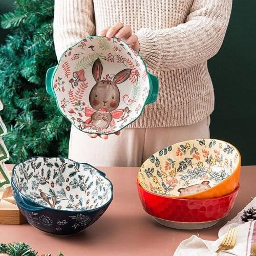 Japanese Cartoon Cute Large Noodle Bowl Tableware Binaural Soup Bowl Large Household Instant Noodle Bowl Ceramic Ramen Bowl