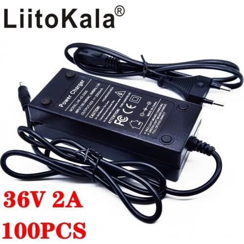 100pcs LiitoKala 36V 2A 18650 charger Output 42V 2A Charger Input Lithium Li-ion Li-poly Charger For 10Series 36V Electric Bike