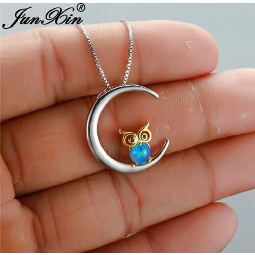 Female Lovely Animal Owl Pendant Blue Fire Opal Necklaces For Women White Gold Cute Moon Necklace Wedding Zircon Jewelry