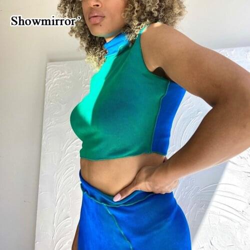 Showmirror Sleeveless Sexy Two Piece Sets for Women Fashion Outfits Turtleneck Tops and Skirts Slit Matching Sets Clothes
