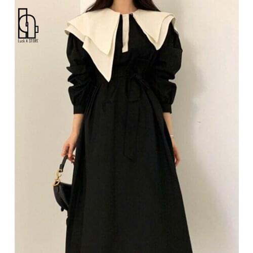 Lantern Long Sleeve Dress Woman 2021 Autumn Fashionable Waist Irregular Lapel Ruffles Loose Black Dress Jurk
