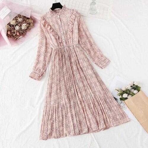 2020 Spring Autumn Dress Women Single-breasted Elastic Waist Vintage Chiffon Pleated Floral Long Sleeve dresses Vestidos