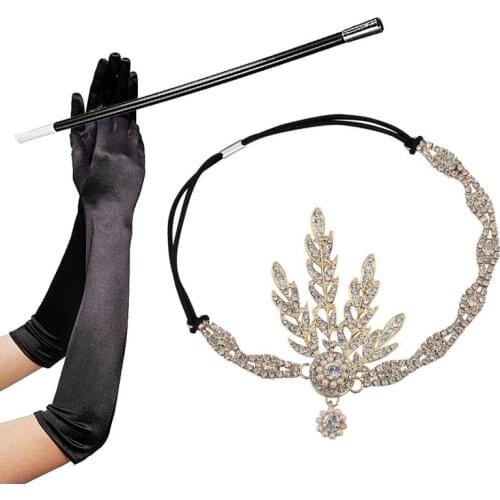 1920s Flapper Great Gatsby Accessories Set Leaf Medallion Pearl Headband Black Gloves Cigarette Holder 3 Pcs Costume Set