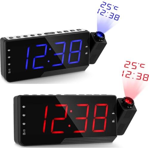 Digital Radio Alarm Clock Projection Snooze Timer Temperature Led Display Usb Charge Cable 180 Degree Table Wall Fm Radio Clock