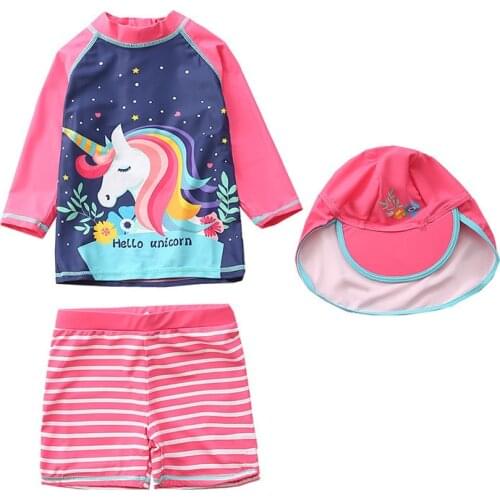 Children Two Pieces Swimsuit Kids Baby Girls Swimwear Boys Long Sleeve Surfing Wear Bathing Suit Baby Sandy Rash Guard +Hat 1-6Y