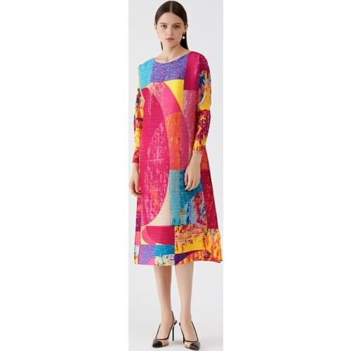 Miyake pleated new loose dress 2021 autumn new temperament thin printed long skirts elegant casual basic folda large dress