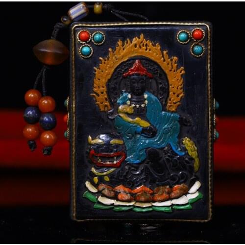 3"Tibet Temple Collection Old Natural horns Tracing mosaic Gem Dzi Bead Manjushri Guanyin Pendant Town House Exorcism