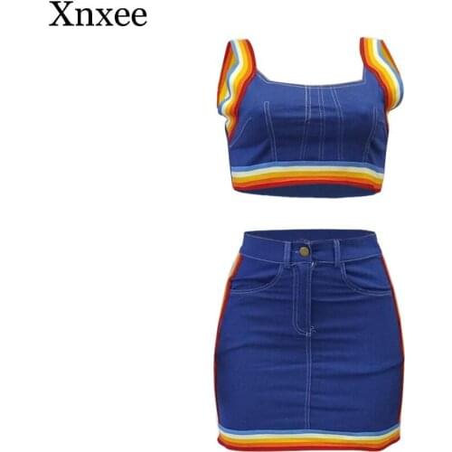 Hip pop 2 Two Piece Set Summer Denim Skirt Set Sleeveless Jeans Crop Top + Mini Skirt Suit Blue Denim Matching Set Outfit OL