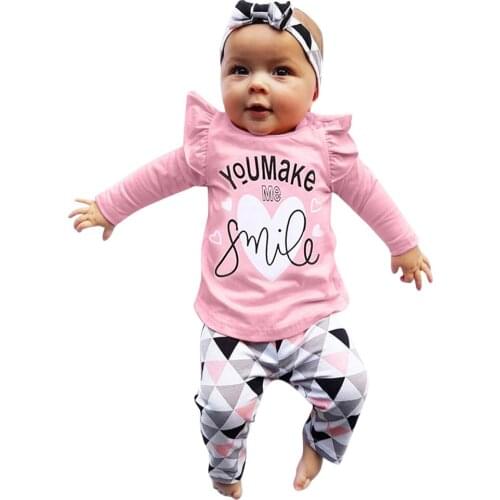 Newborn Baby Girl Clothes Set Letter "You Make Me Smile" Long Sleeve Tops Casual Pants and Headband Infant Clothing Outfit 3PCS