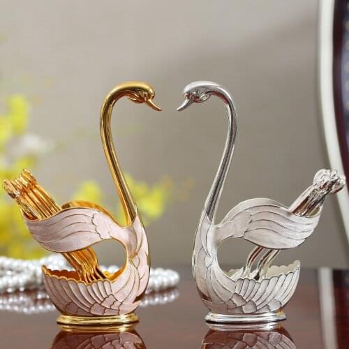 Metal Coffee Dessert Dinnerware Set with 6 Forks/ Spoon Swan Shape Storage Rack for Fruit Stirring Ice Cream Cake GQ