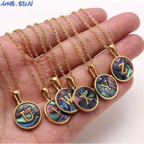 MHS.SUN Charm 26 Letters Abalone Shell Pendant Necklace Fashion Stainless Steel Chain Necklace Women/Girls Alphabet Jewelry