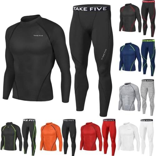 Newest Edition TakeFive Mens Skin Tight Compression Base Layer Running Shirts & Pants Sets