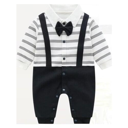 Baby Boys Clothes Spring And Autumn Cotton Striped Bow Long-Sleeve Pants One Pieces Jumpsuit Gentleman Romper For a Infant Baby