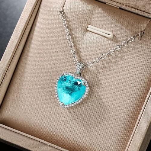 QTT Classic Paraiba Tourmaline Gemstone Chain Necklace Aesthetic Heart Design Necklace 925 Sterling Silver Jewelry 2021