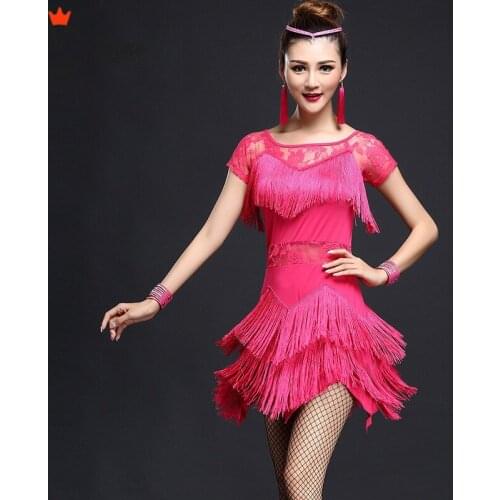 Latin Dance Dress Girls adult Modern Ballroom tassel Fringe Salsa Tango costume compitition outfit Openwork lace half sleeve