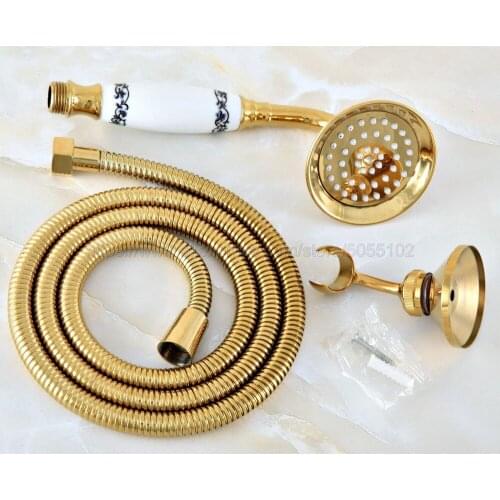 Polished Gold Bathroom Brass Ceramics Hand Held Shower Head Gold Shower Hose Set & Shower Holder zhh042