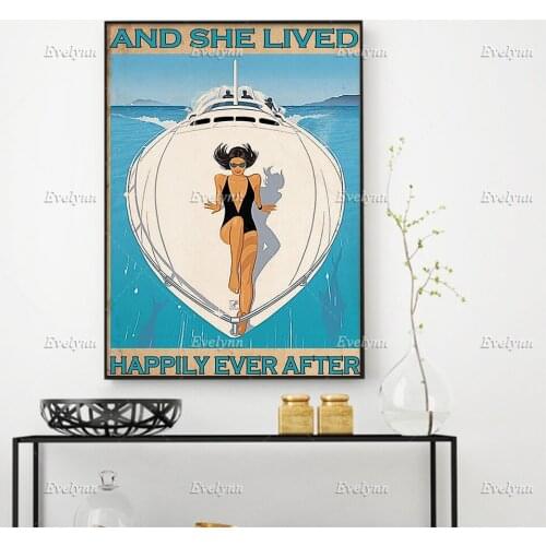 Travel Traveling Girl And She Lived Happily Ever After Poster Yacht Summer Vacation Art Prints Home Decor Canvas Floating Frame