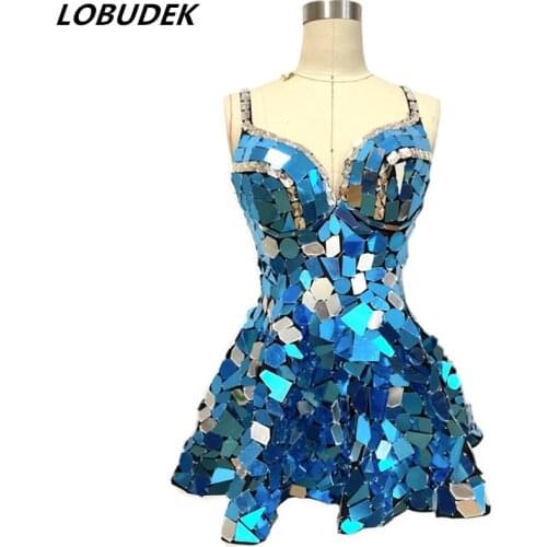 Stage Silver Mirror Crystals Sling Mini Dress Women Singer Performance Dance Costume Bar Nightclub Lead-Dancer Sexy Sequin Dress