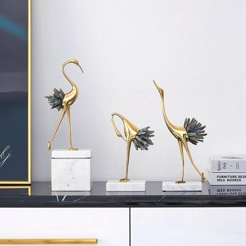 Light Luxury Modern Crystal Crane Ornaments Living Room Wine Cabinet TV Cabinet Study Ornaments Brass Crane