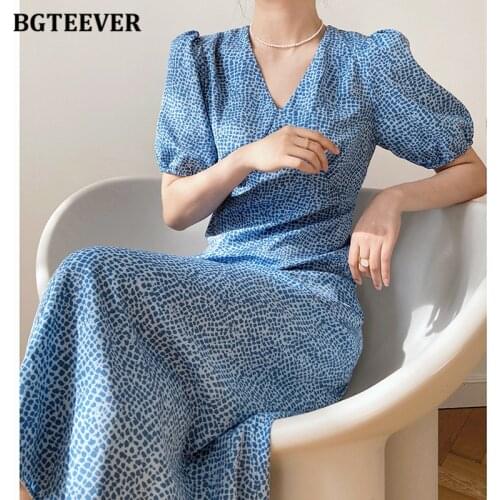 BGTEEVER Vintage V-neck Puff Sleeve Floral Print Dress for Women 2021 Summer Slim Waist Female A-line Dress Ladies Midi Vestidos