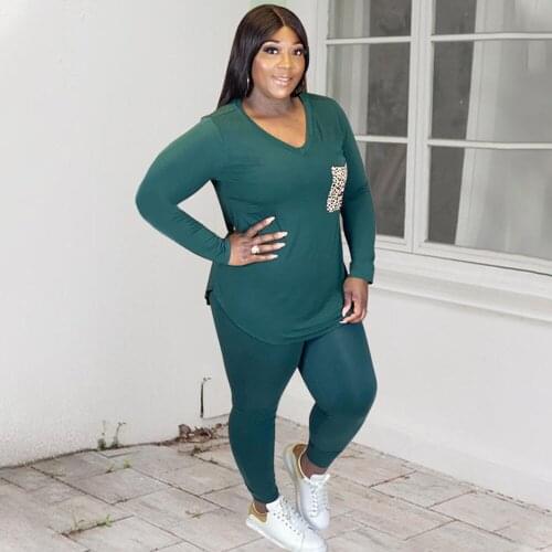 L-5XL Plus Size Womens Tracksuit Leopard Pockets Long Sleeve V Neck Loose T-shirt and Stretchy Legging Spring Autumn Outfits