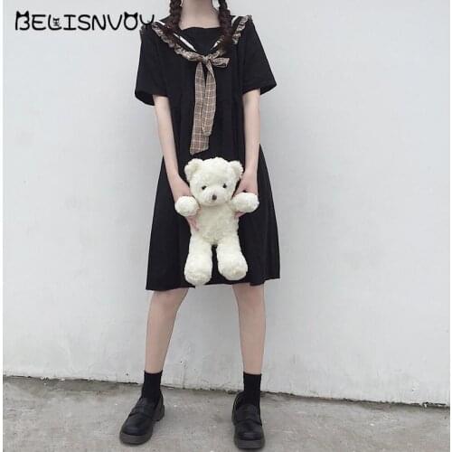 Japanese Summer College Style Dress Purple Sailor Collar Bowknot Dresses Uniform Mori Girls Cotton Kawaii Lolita Women Dress
