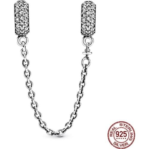 100% Real 925 Sterling Silver Wheat Ear Carved Fixed Clip Safety Chain Fit Original 3mm Bracelet&Bangle Making Fashion DIY Jewe