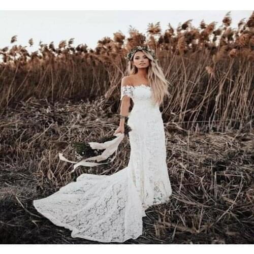 2019 Simple Bohemia Lace Beach Wedding Dress Sexy Tulle Off the Shoulder Vestido De Noiva Short Sleeve Boho Wedding D