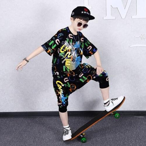 2021 Kids Boys Clothes Boy Summer Clothing Sets Short Sleeves Tops Shirt+ Pant Suits Children Hip-hop Clothing 4 -12Y MD21A019