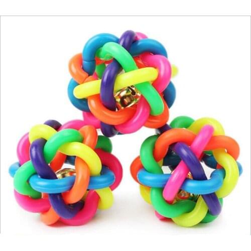 4 Size Rainbow Color Rubber Round Pet Dog Cat Toy Ball with Small Bell Pet Chewing Ball for Small Medium Large Dog