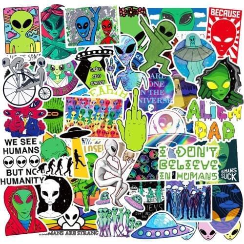 50PCS Funny ET Alien UFO Stickers Cute Children DIY Toys Stickers Skateboard Luggage Laptop Fridge Car Gtaffiti Decals Dope Pack