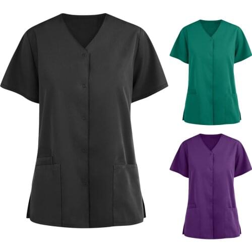 Sexy Summer Medical Blouse Woman 2021 Womens Short Sleeve V-Neck Pocket Care Workers T-Shirt Tops Solid Color Nursing Clogs