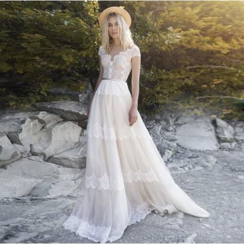 Bohemian Beach Wedding Dress 2021 A-Line Cap Sleeve Lace Appliques Belt Button Sweep Train Tulle Bridal Gown Vestidos De Noiva