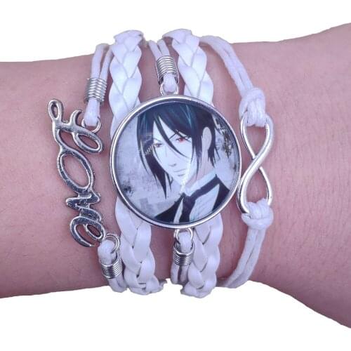 White Anime Leather Bracelet Sebastian Black Butler Time gem Handmade Multilayer Infinity Love Retro Women Drop Shipping HZS