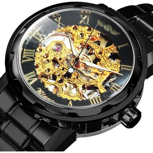 WINNER Golden Skeleton Mechanical Watch For Men Stainless Steel Strap Business Mens Watches Brand Luxury Classic Wrist Watch