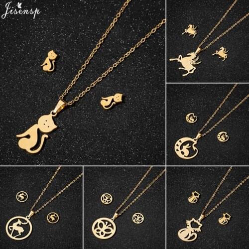 Jisensp Cute Cat Horse Butterfly Gold Color Stainless Steel Jewelry Sets for Women Simple Creative Animal Necklace Earrings