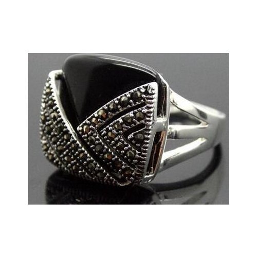 Good unsex 14*15mm Square Natural Black Natural jade Marcasite 925 Sterling Silver Ring Size 7/8/9/10