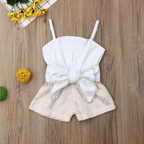 Pudcoco Newborn Baby Girl Clothes Off Shoulder Lace Sling Openwork Bowknot Tassel Romper Summer Clothes Outfit Set